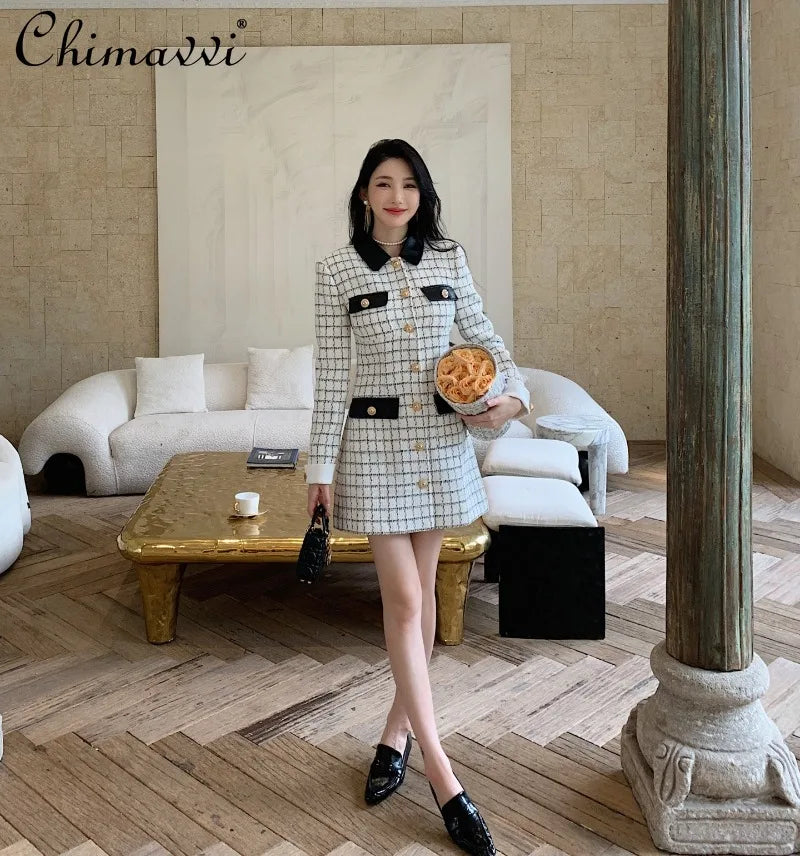 High-end French Fashion White Plaid Tweed Coat High Waist Short Skirt Long Sleeve Dress 2025 Autumn Winter Women's Clothing