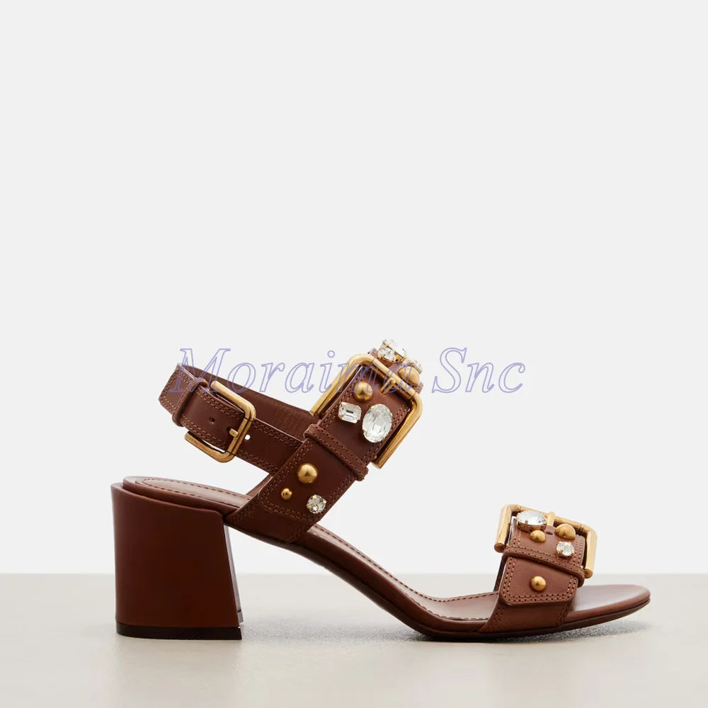 Crystal Embellished Gold Buckle Chunky Heel Sandals For Women