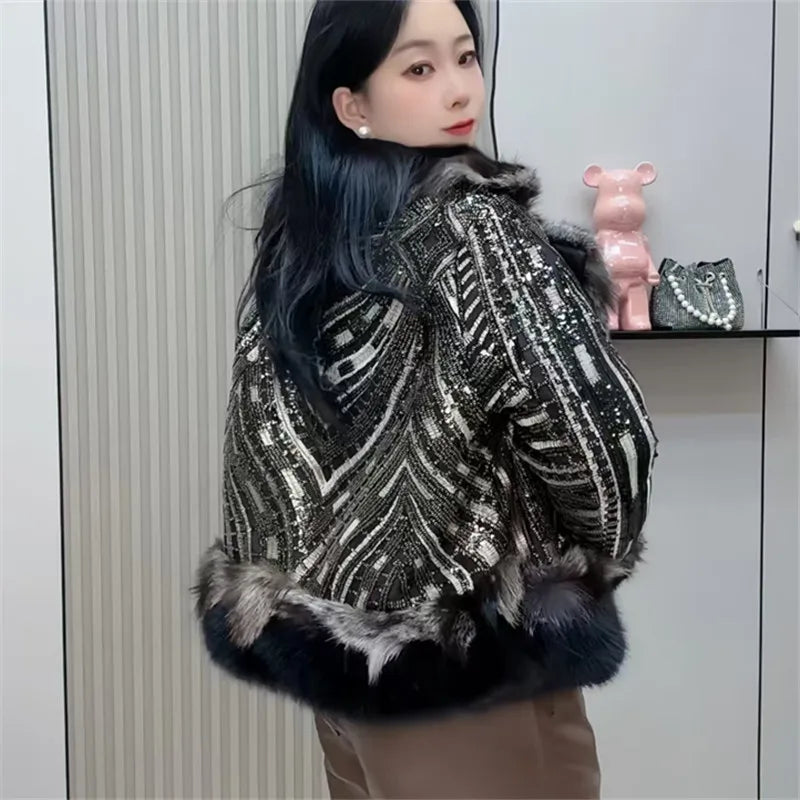 Faux Fur Coats for Women,Covered ButtonJacket,Thicken Warm Female Clothes,Luxury,Fox Fur Collar,Spliced,Sequins,New, Winter