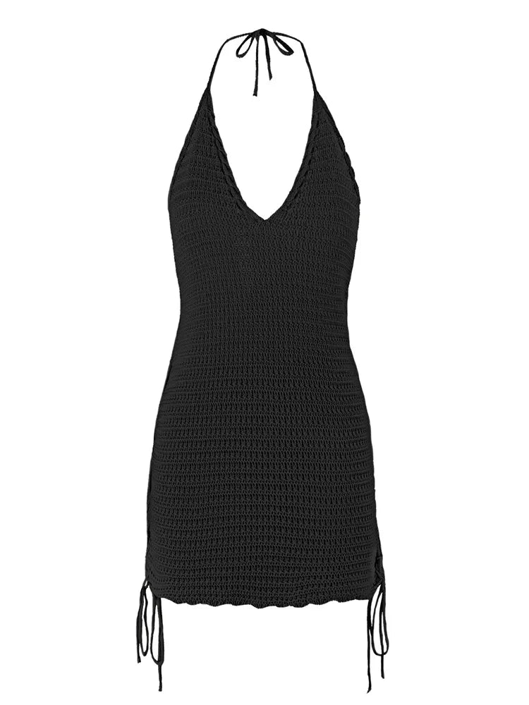 Solid Knit Halter V-neck Side Cross Straps Slim Beach Mini Dress 2025 Women Crochet Beach Swimsuit Cover Up Vacation Outfit K104