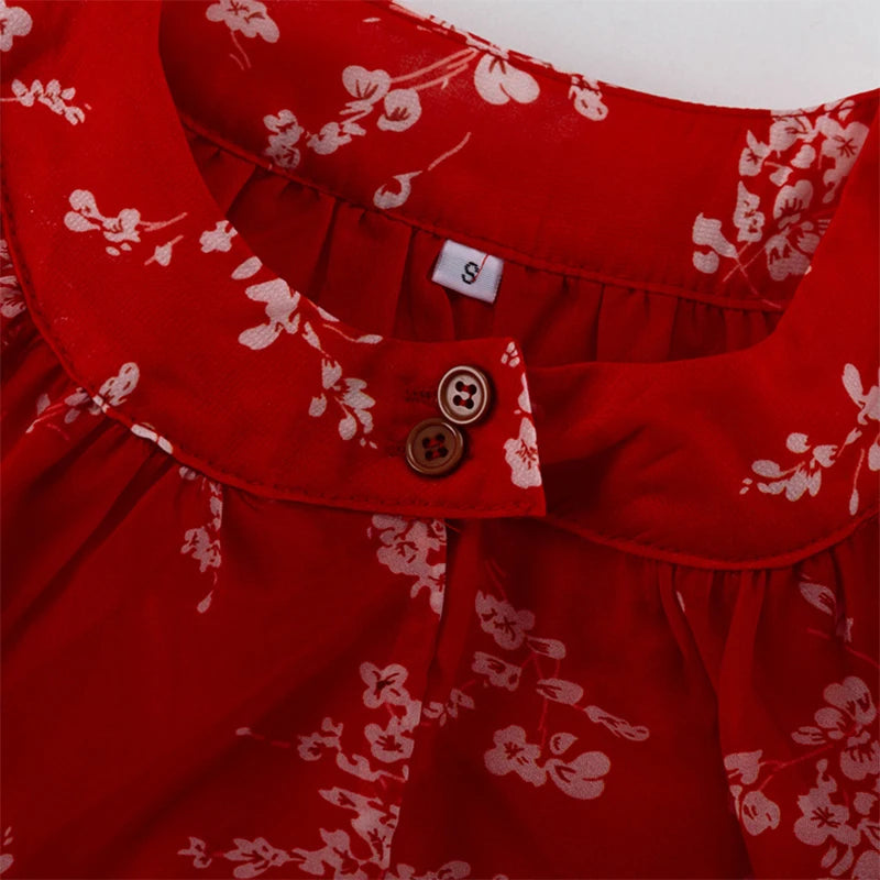 Red Print Butterfly Sleeve Hollow Out Skirt Set for Women