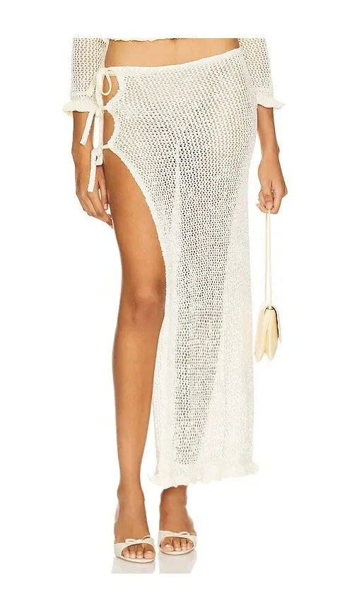 Sexy Summer Knit Cut Out Beach Half Skirt Women Chic Side Slit Lace-up Casual Wrap Skirts 2025 Pool Party Swimsuit Cover Up K249