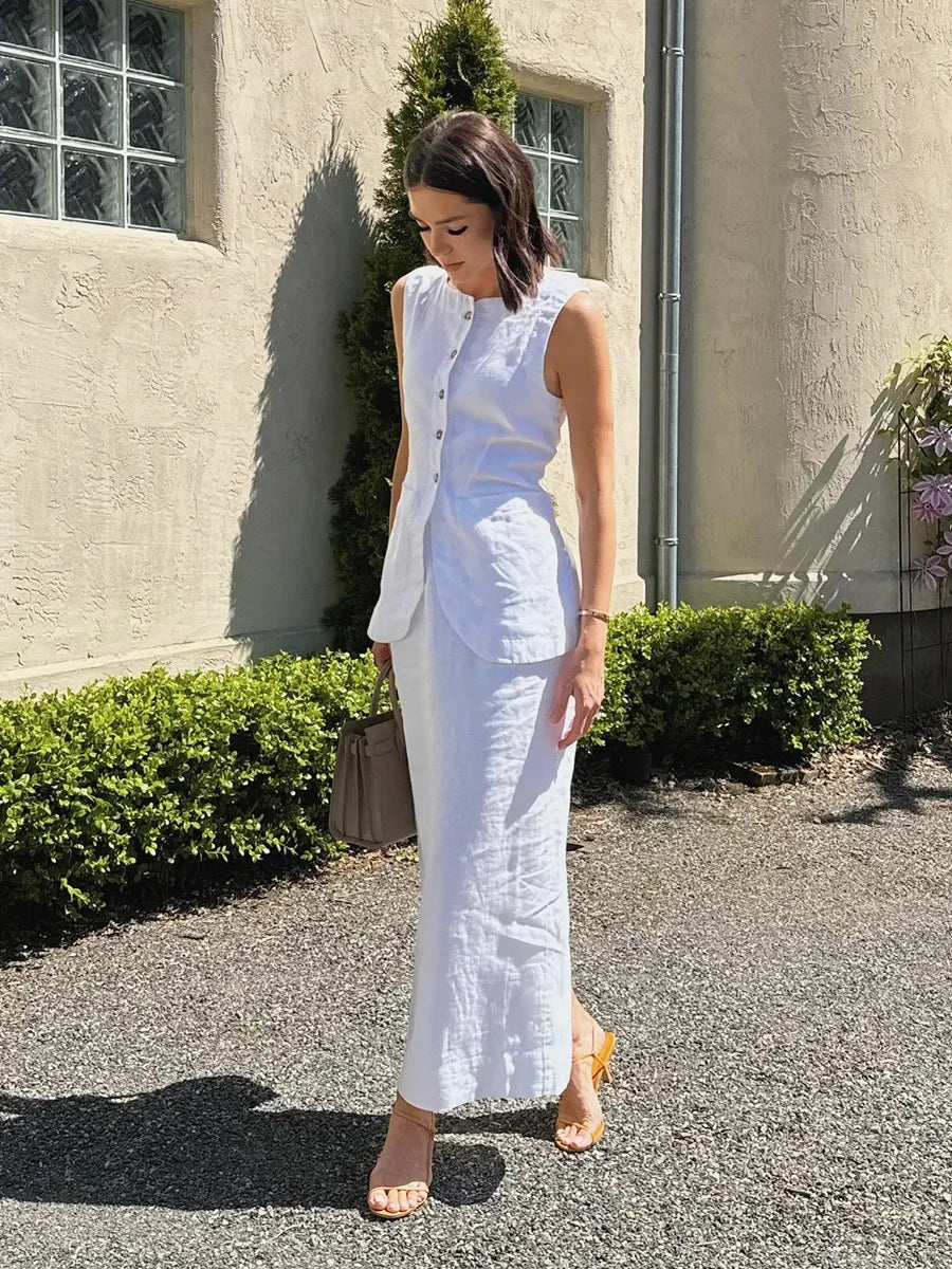 Breathable Linen High Waist Vest And Skirt Set For Women