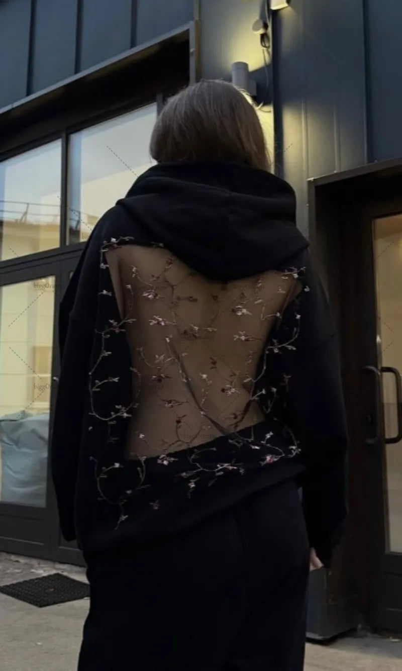 Oversized Gothic Mesh Cotton Hoodie