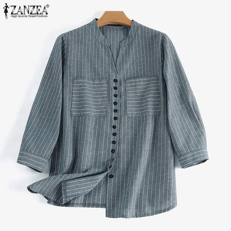 ZANZEA Fashion Stripe Printed Shirt Summer  3/4 Sleeve V-Neck Blouse Female Casual Blusas Mujer Woman Elegant Loose Korean Tops
