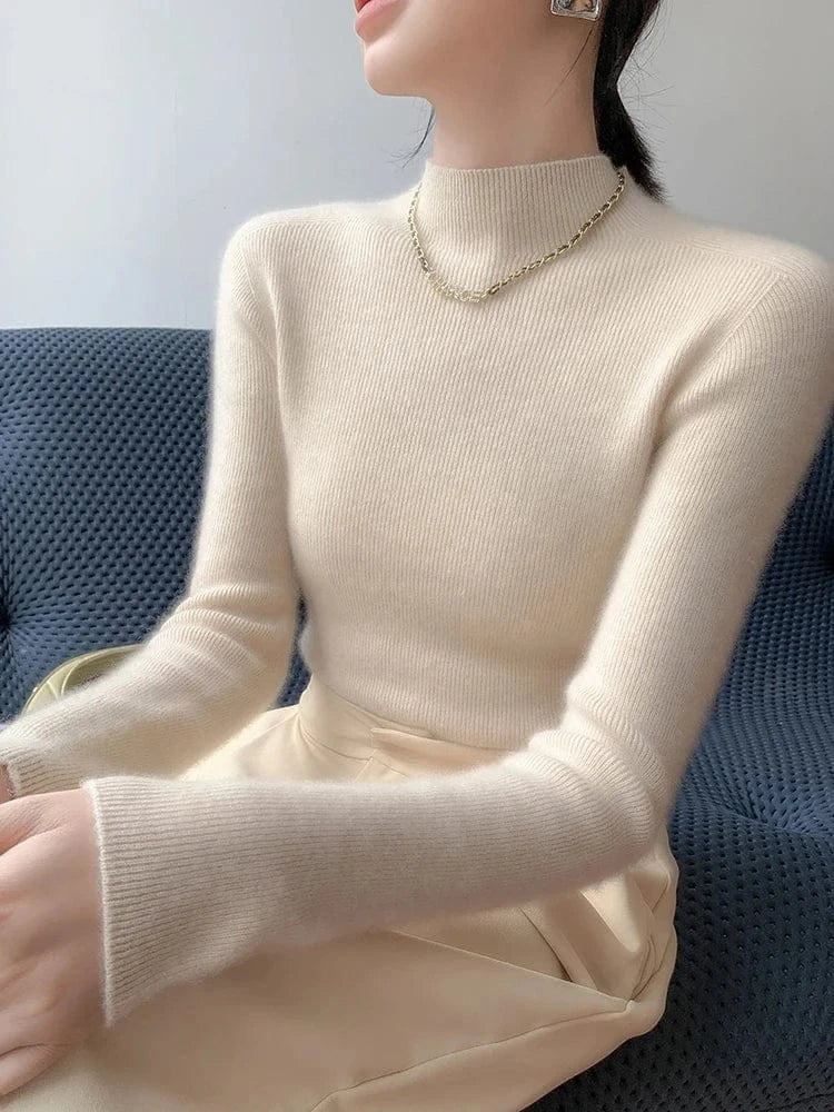 Women 100% Cashmere Sweater Mock Neck Pullover Autumn Winter Slim Basic Cashmere Knitwear Soft Warm High Strecth Pullover Tops