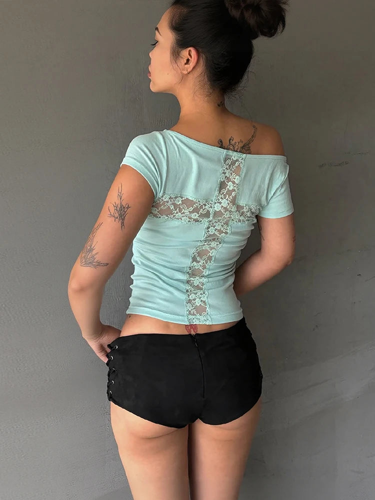 Nibber Leisure Comfortable Patchwork Lace t-Shirt Women Skew Collar Letter Print Skinny High Elasticity High Street Clubwear