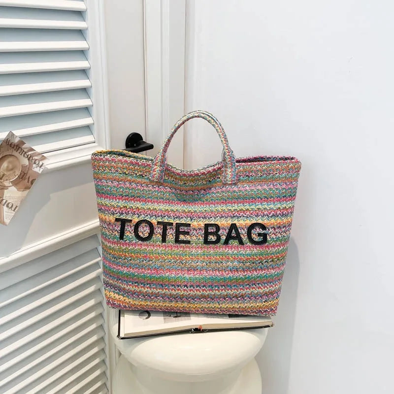 New straw woven bag, large capacity tote bag, crossbody striped letter contrasting beach bag
