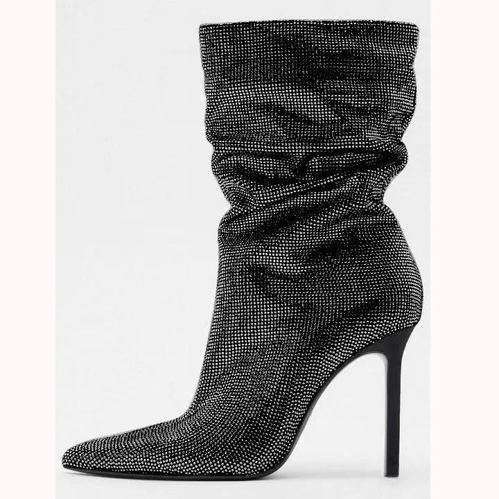 Rhinestone Embellished Pointed Toe Stiletto Boots For Women