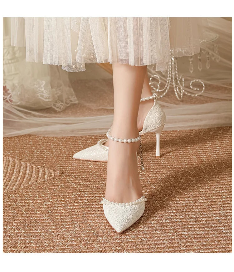 White Pearl Buckle Pointed Bridal Heels