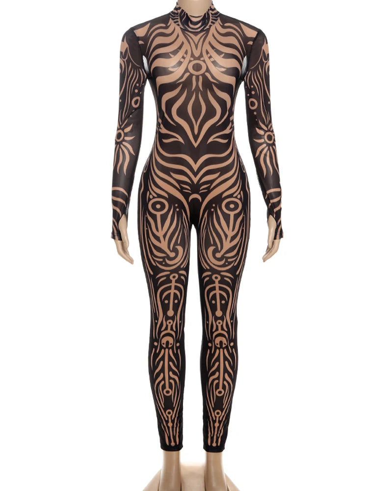 Striped Stretch Turtleneck Long Sleeve Jumpsuit for Women