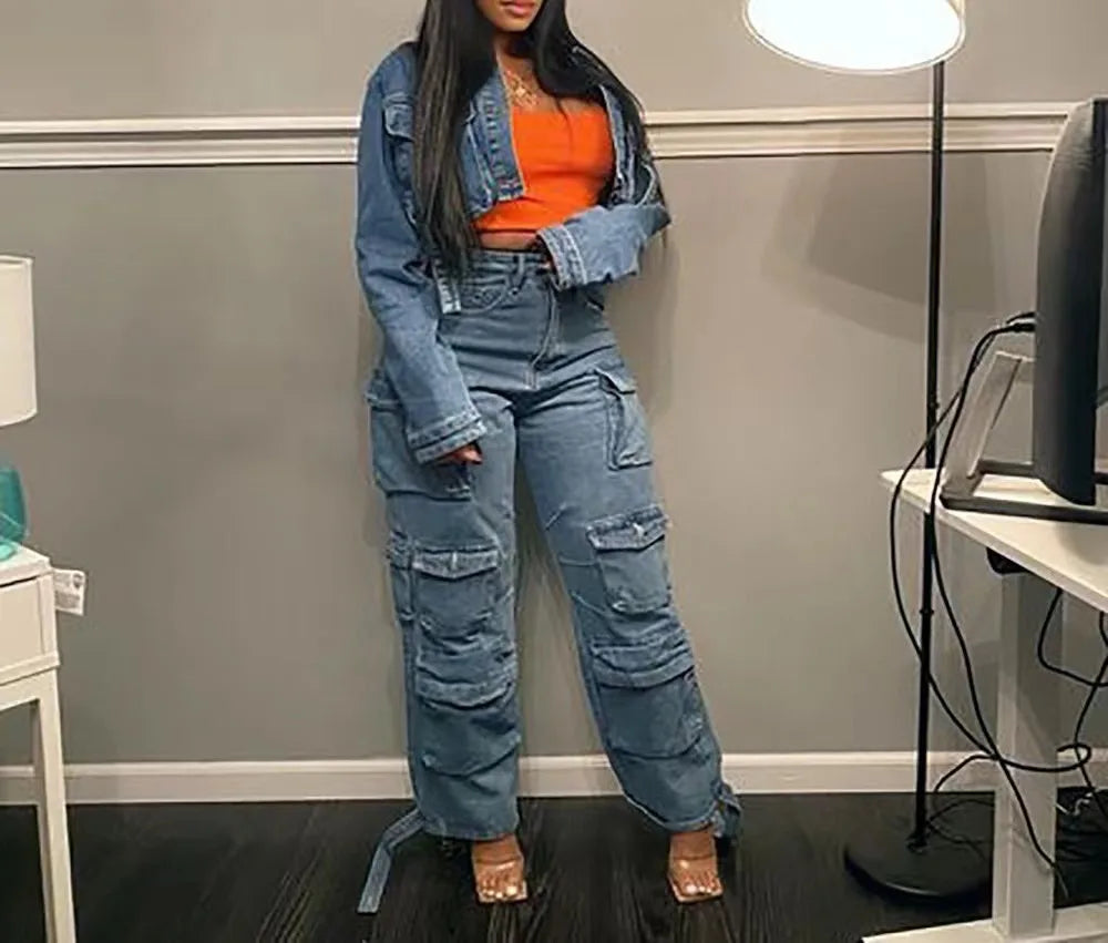 High-Waisted Loose-Fit Multi-Pocket Cargo Jeans for Women