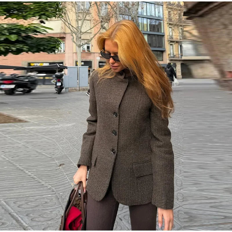 Elegant Grid Stand Collar Loose Single Breasted Woolen Coat for Women