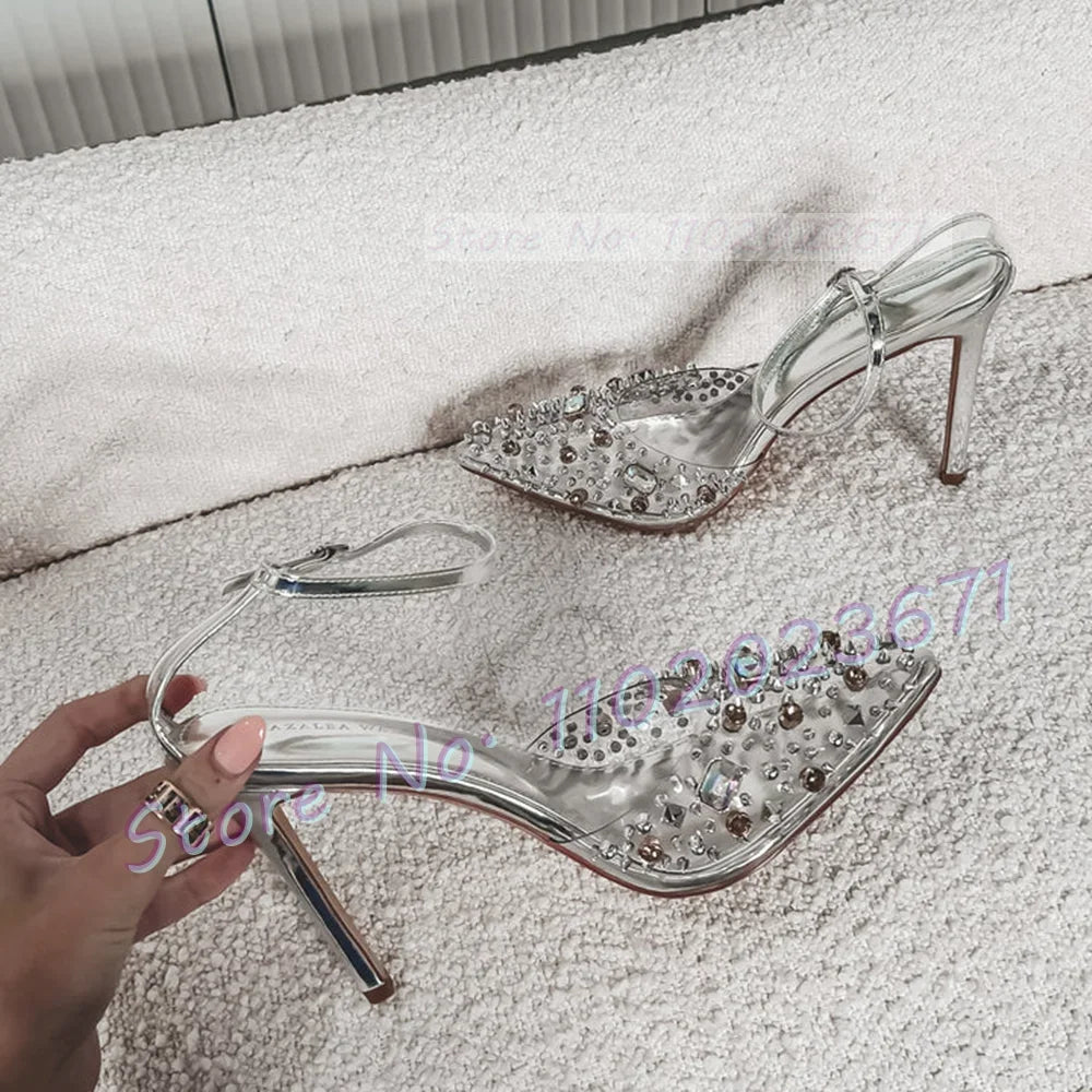 Clear Crystal Studded Pointy Toe Ankle Strap Sandals For Women