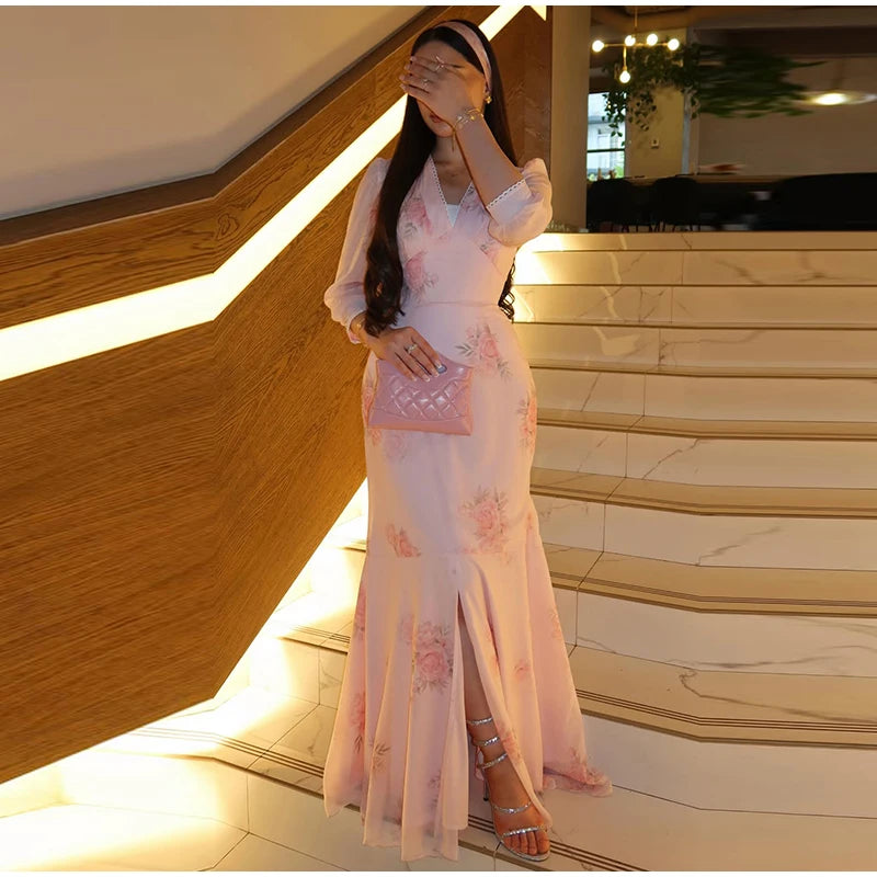 Elegant Print Pleated Puff Sleeve V Neck Long Dress for Women