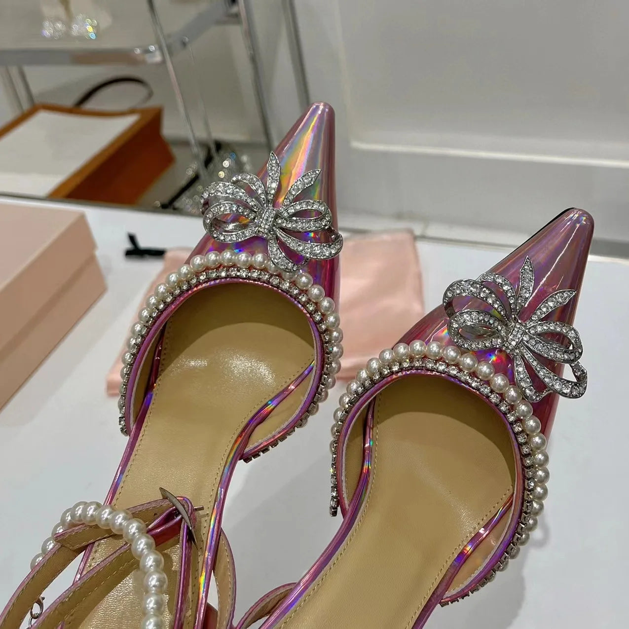 Candy Color Crystal Bow Pearls Buckle Sandals Design Women Rhinestones Bow Pointed Toe Pearls Buckle Slingback 8Cm Heel Sandals