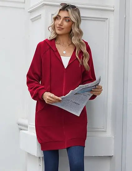 Solid Color Long Sleeve Zippered Hoodies For Women