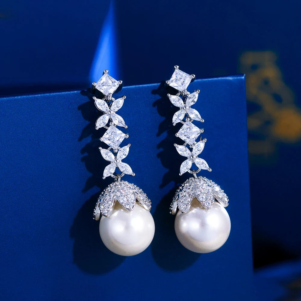 Elegant Cubic Zirconia Leaf Pearl Drop Earrings for Women