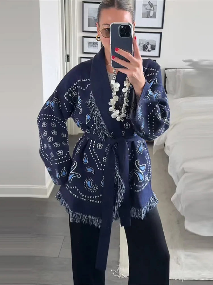Vintage Patchwork Lace Up Long Sleeve Cardigan For Women