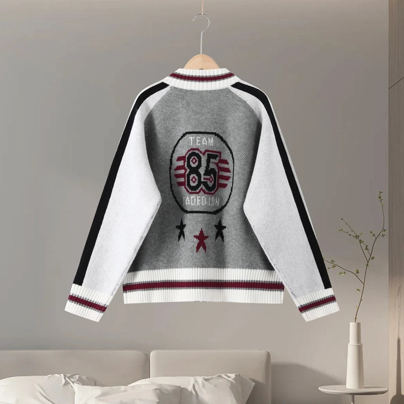 Printed Striped Knitted Baseball Cardigan for Women