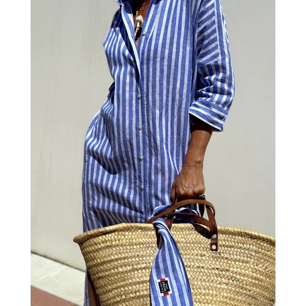 2025 Summer New Women's Stripe Lapel Half Sleeve Shirt Dress Turn-down Collar Button Front Midi Dress With Belt