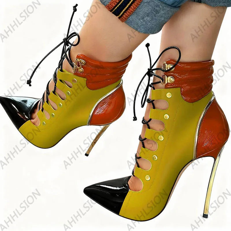 Pointed Toe Purple Leather Ankle Boots With Gold Accents For Women
