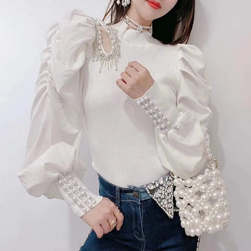 Women Shirts Nail Bead Tassel Hollowed Out Wool Knitted Shirt for Women Spring and Autumn of 2025, Lantern Sleeve Top