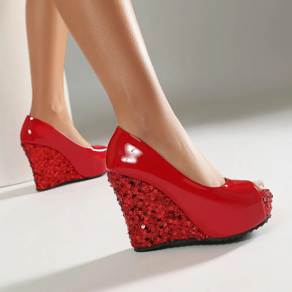 Sparkly Sequin Peep Toe Platform Wedge Sandals for Women