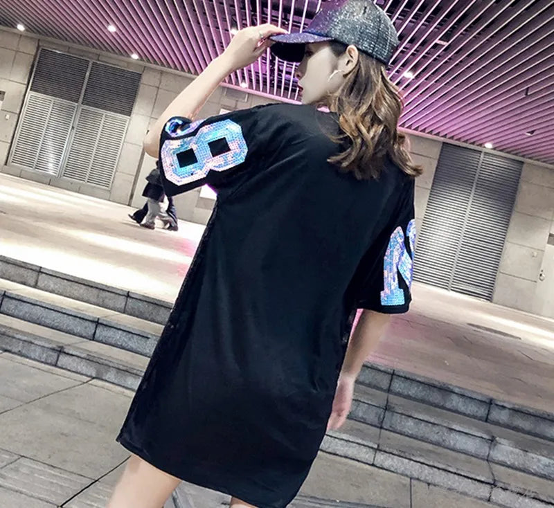Summer New Fashion Cartoon Sequins Short Sleeve T-shirt Dress Ladies Loose Casual Mid-Length T-shirt Dress For Women