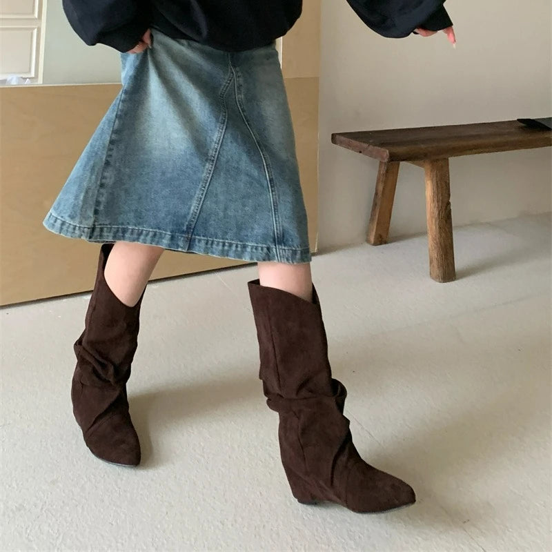 Pleated Pointed Toe Mid Calf Western Boots for Women