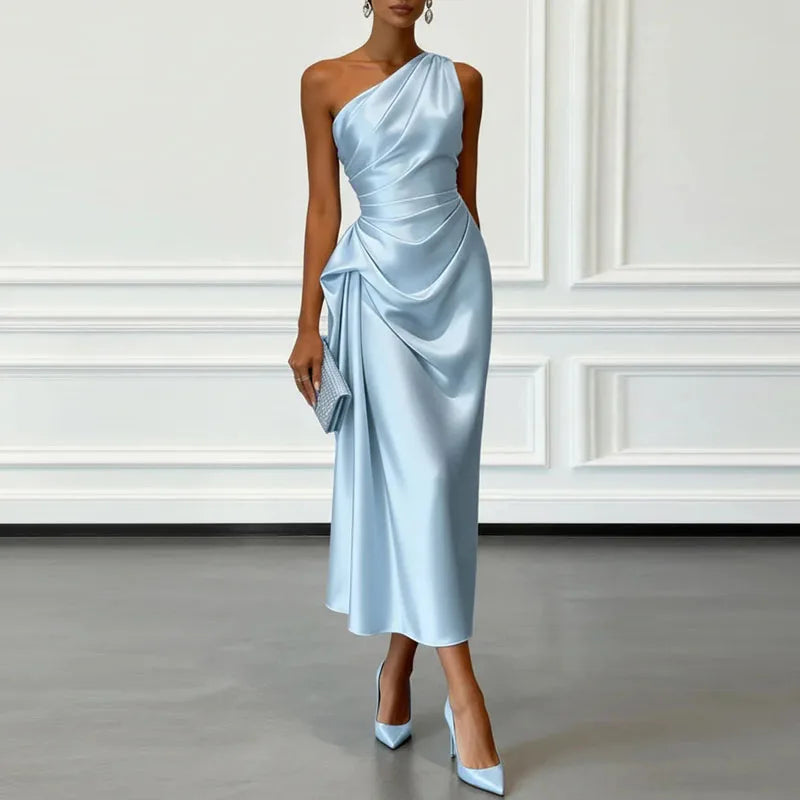 Charming One Shoulder Ruched Waist Satin Midi Dress For Women