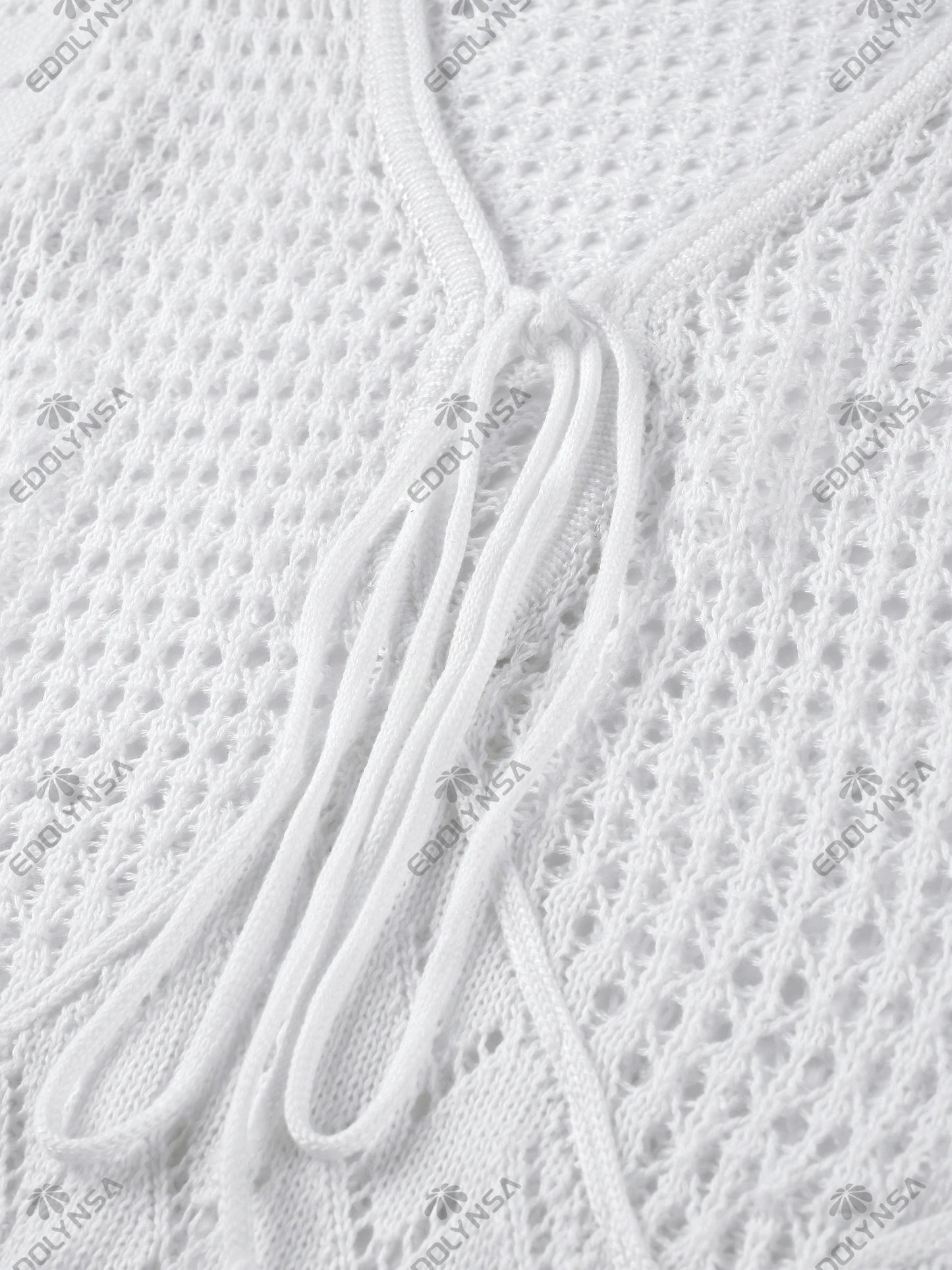 Women Sexy White Knit Swimsuit Cover Up Deep V-neck Tie Hollow Out Long Sleeve Beach Maxi Dress 2025 Summer Holiday Outfit K186