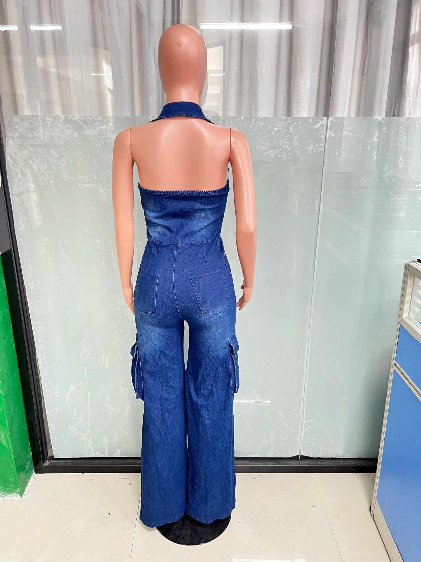 Elegant Blue Denim Cargo Halter Casual Jumpsuit for Women
