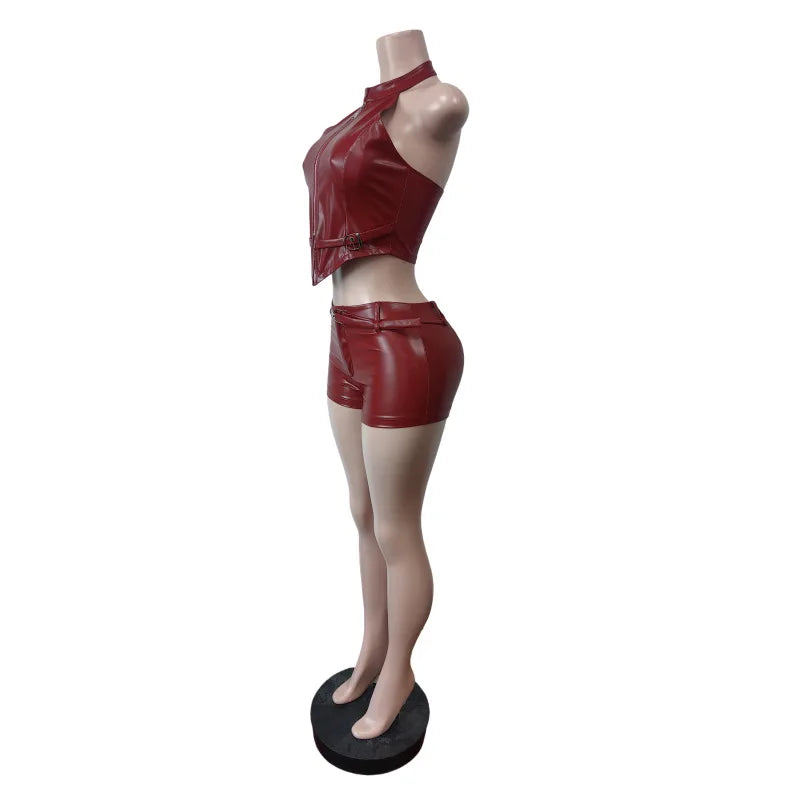 Moto Biker Faux Leather Two Piece Shorts Set for Women