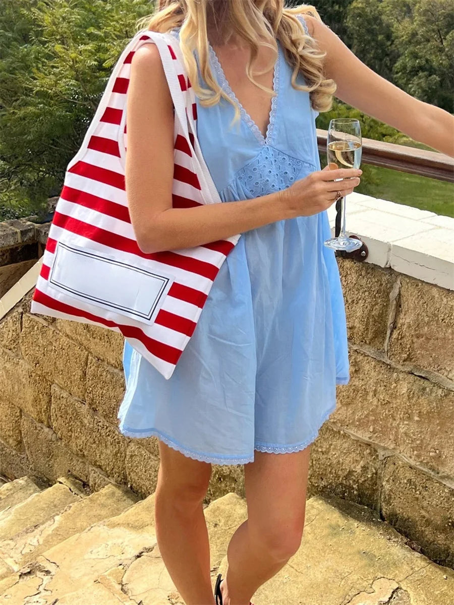 Women Summer Mini Tank Dress Sleeveless Deep V Neck Trendy Floral Eyelet Beach Dress