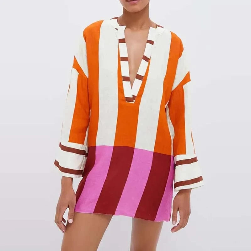 Autumn Long Sleeve Loose Bohemian Dress Vintage Contrast Striped Print V Neck Women Dress Spring Casual Patchwork Vacation Dress