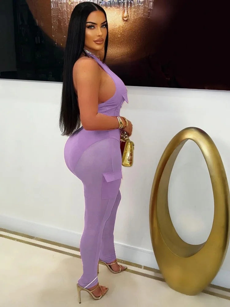 Solid Halter Neck Backless Sleeveless Zip Up Jumpsuit for Women