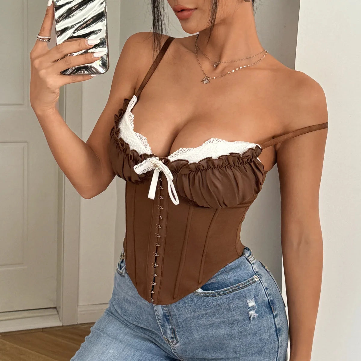 Sheer Lace Trim Spaghetti Strap Corset Top for Women