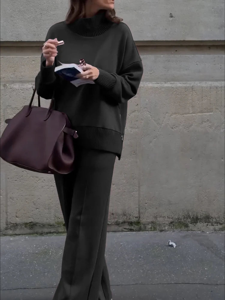 Half High Collar Pullover and Wide Leg Pants Set for Women
