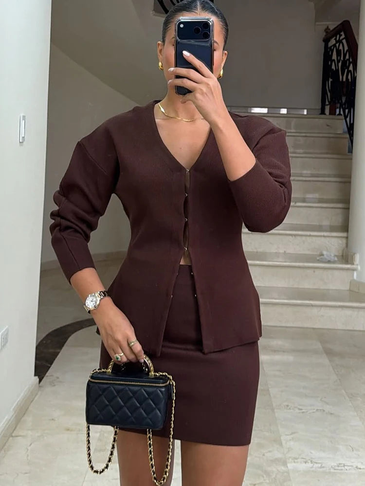 Elegant Knit Two Piece Set With Front Cutout and V Neck For Women