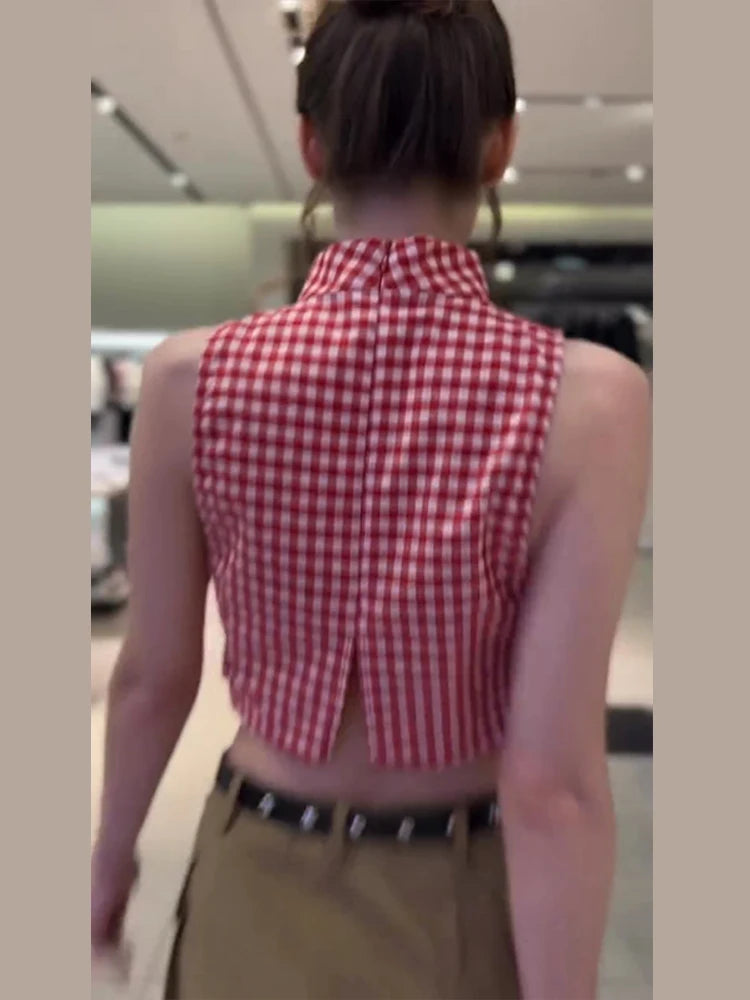 Casual Plaid Vest And Pleated Pants Set Beachwear for Women