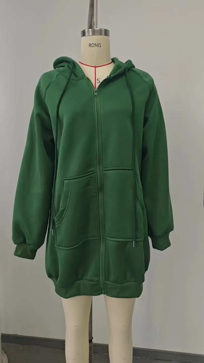 Solid Color Long Sleeve Zippered Hoodies For Women