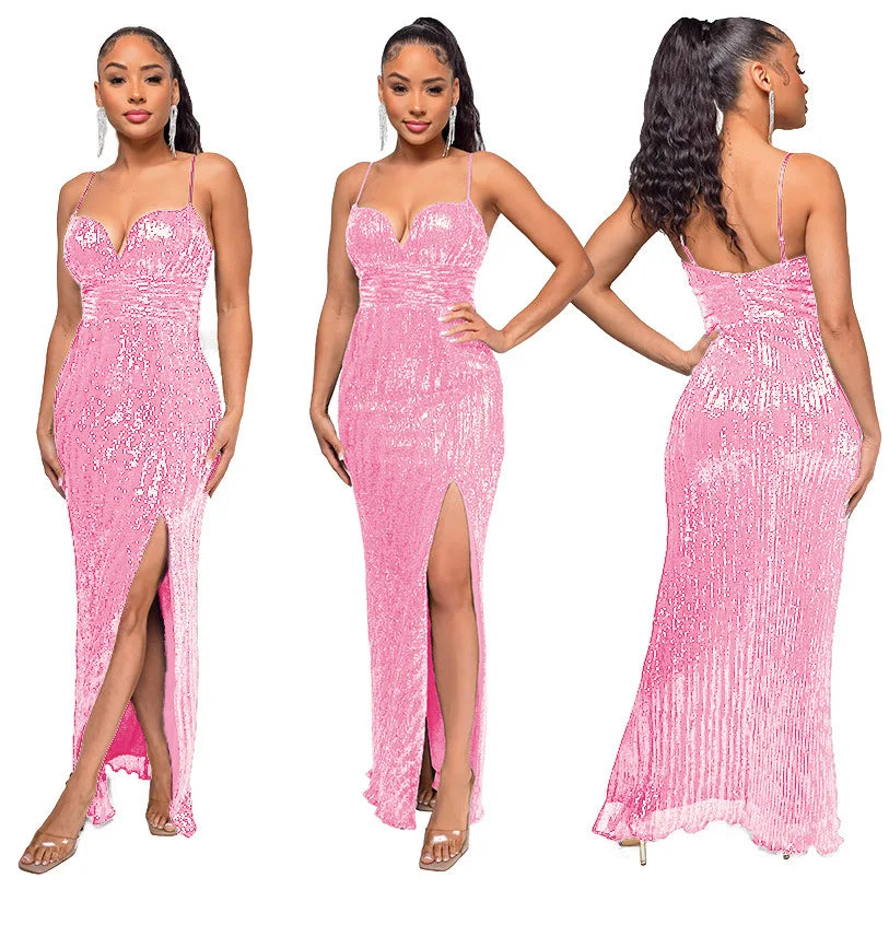 Glitter Sequin Spaghetti Strap Party Maxi Dress for Women