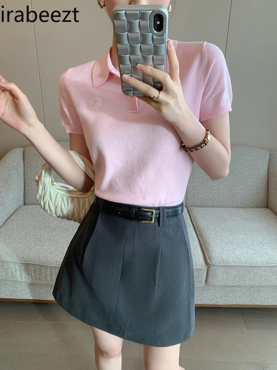 Casual Slim Fit Pink Breathable Knit Polo Top For Women