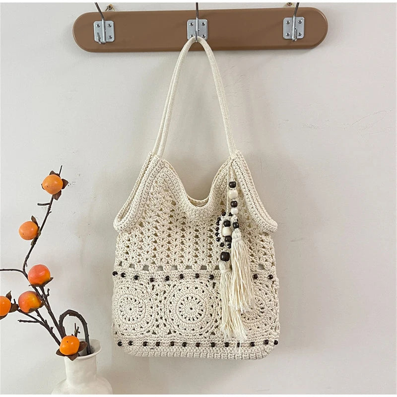 Hollow Crochet Women Bags Bohemian Large Capacity Handbags Korean Popular Bag New Tassel Cotton Shopping Bag Shoulder Bag Women