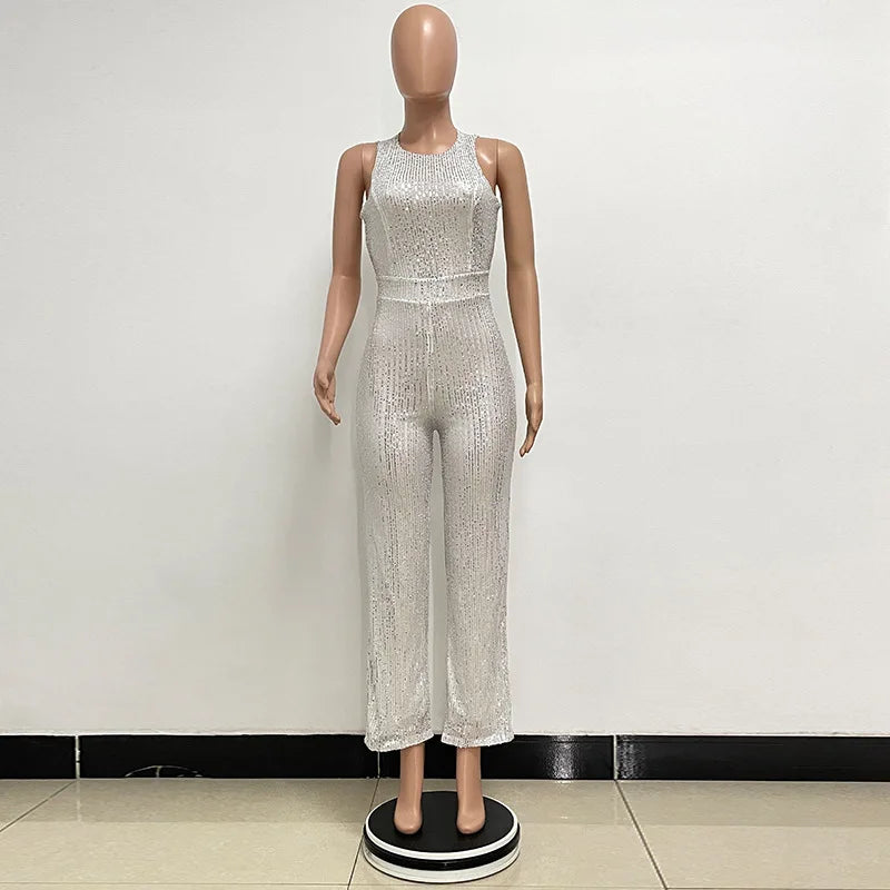 Elegant Silver Sequined Straight Cut Jumpsuit for Women