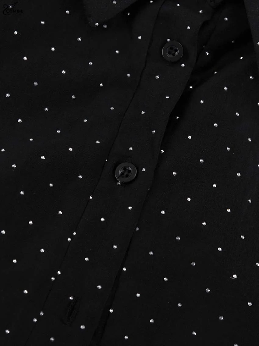 Oymimi Fashion Black Rhinestone Women's Dress Casual Lapel Long Sleeve Button Dresses Elegant New Lace-Up Pleated Mini Dresses