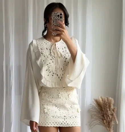 Floral Hollow Embroidery Mini Skirt Sets Women 2 Pieces Flare Sleeved Women Suit Casual Two Piece Set Summer Women Outfit