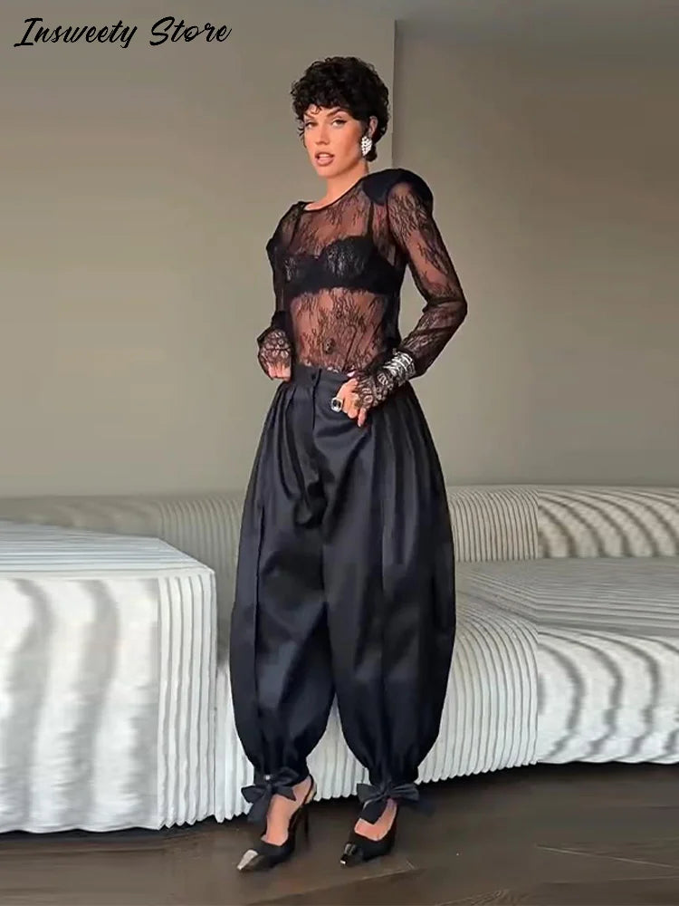 Sheer Lace Long Sleeve Blouse With Shoulder Pads for Women
