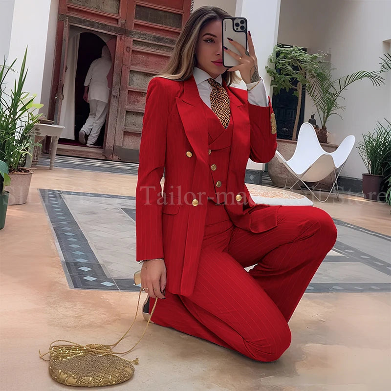 Slim Fit Double Breasted Green Striped Suit Set For Women